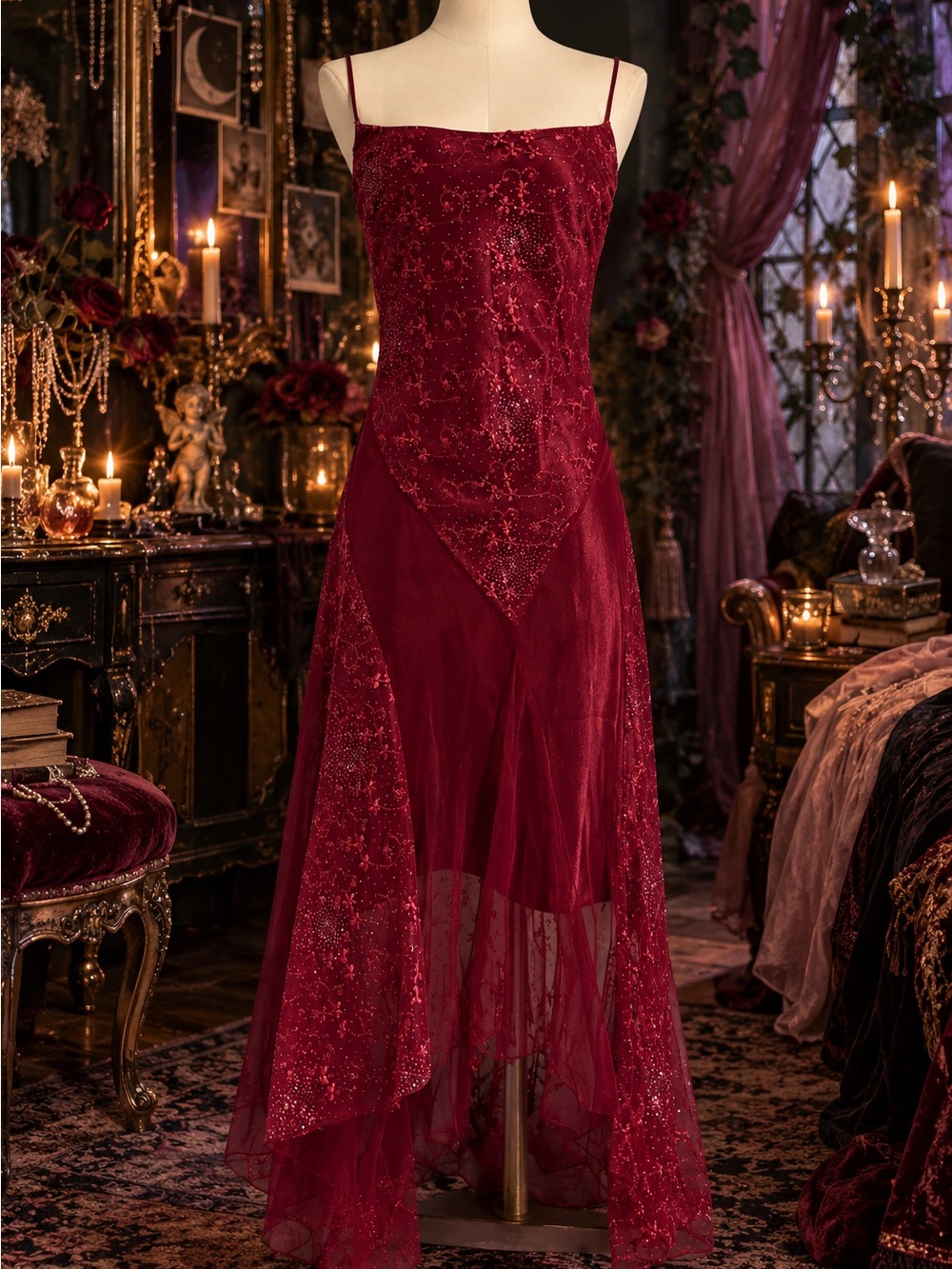 FIESTA Vintage Y2K Red Burgundy Embroidered Glitter Mesh Asymmetrical Maxi Dress